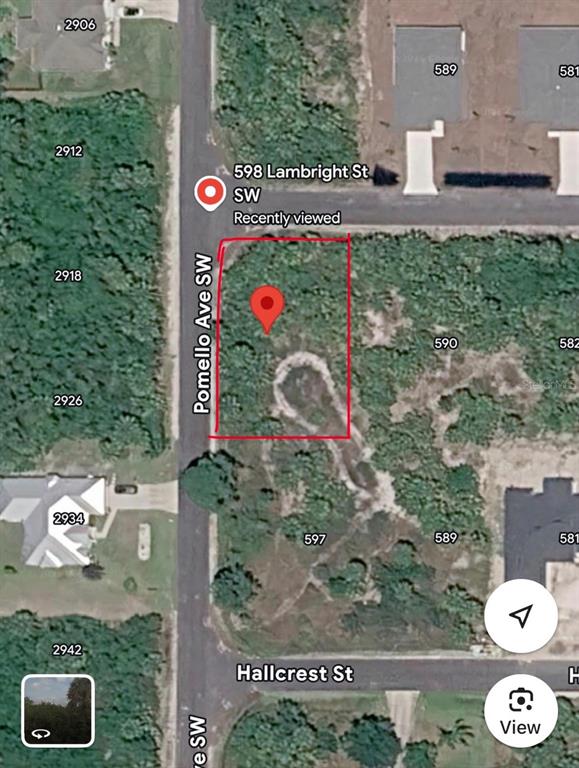 This is an aerial map view of a vacant, rectangular residential lot — 598 LAMBRIGHT STREET SW, PALM BAY, FL