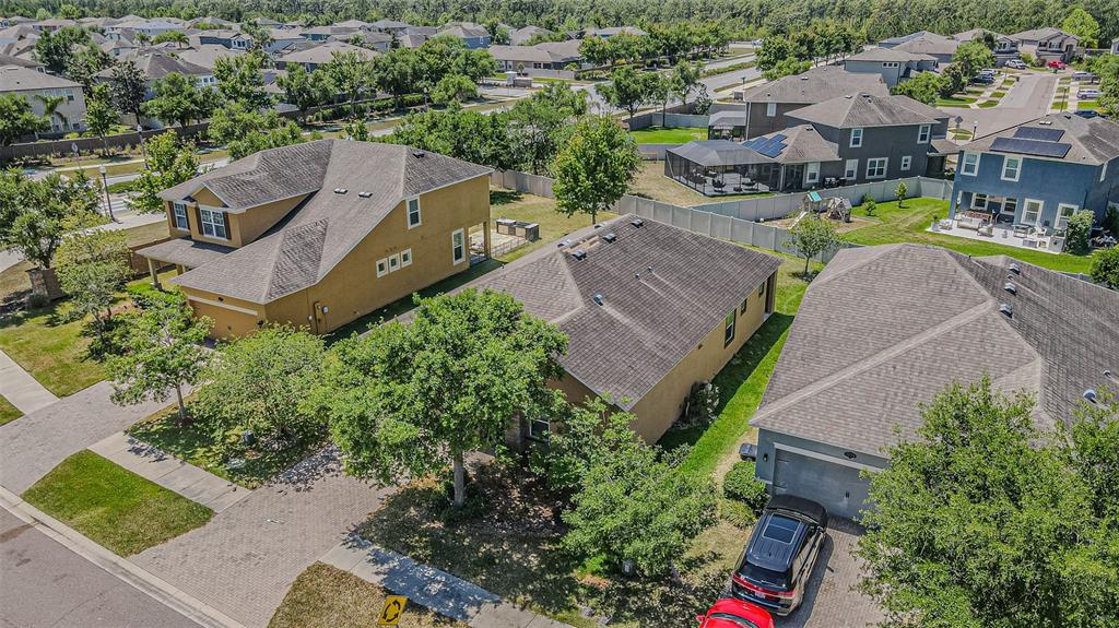 An aerial view shows several suburban houses with shingled roofs, driveways, and green lawns — 1667 NATURE VIEW DRIVE, LUTZ, FL