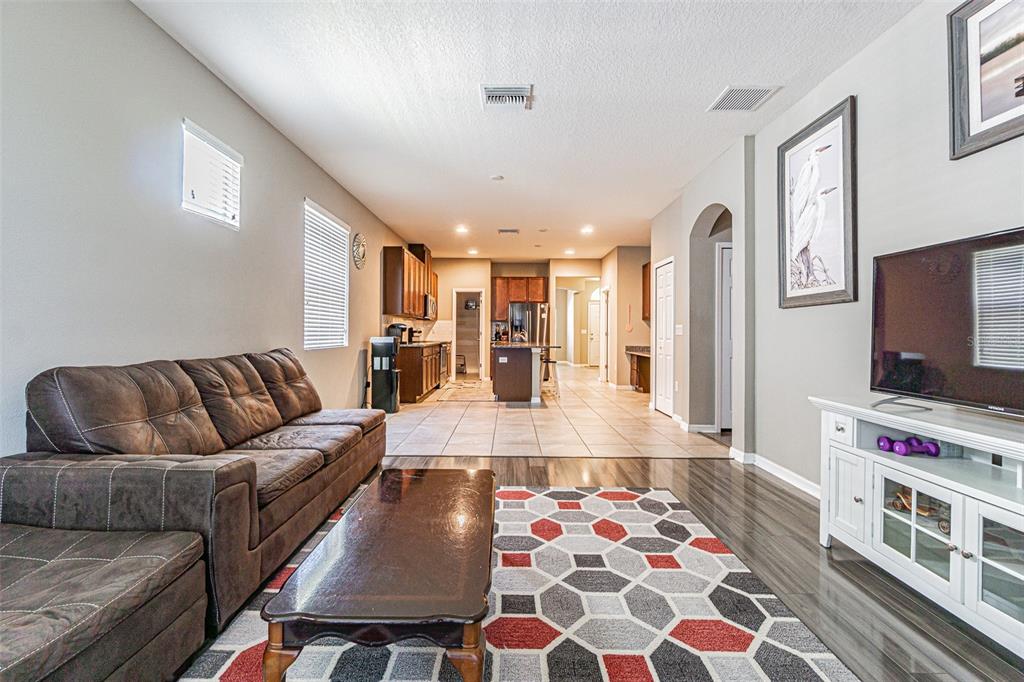 A living room with a brown sofa and patterned rug opens into a kitchen area — 1667 NATURE VIEW DRIVE, LUTZ, FL