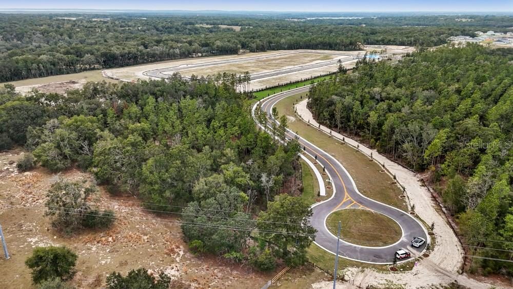 An aerial view shows a paved road with a cul-de-sac winding through a wooded area — 5936 STONEYBROOK HILLS PARKWAY, MOUNT DORA, FL