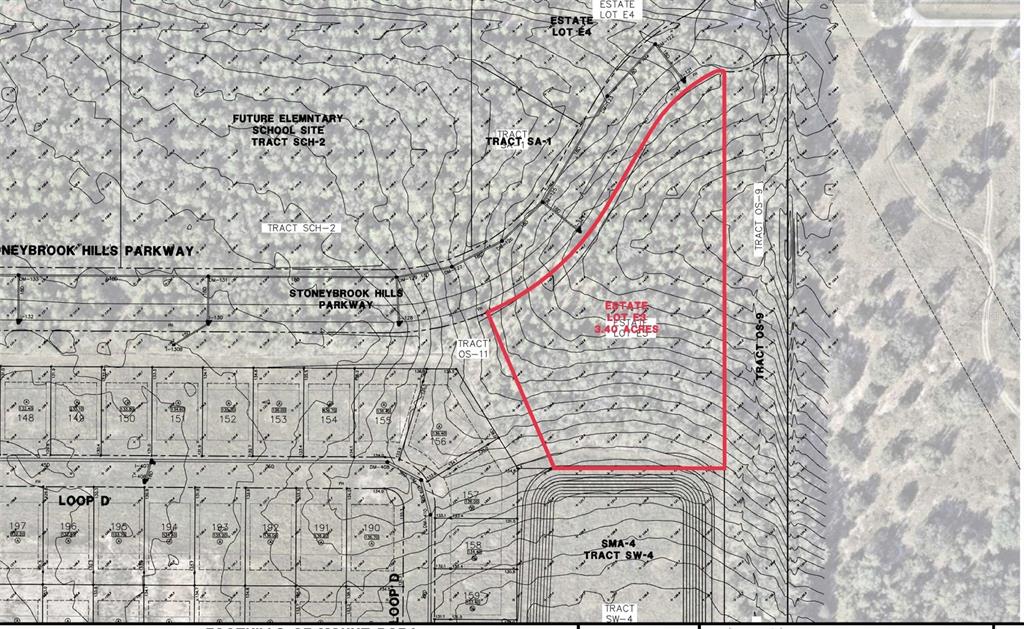 This is a land survey map showing a 3.40-acre estate lot outlined in red — 5936 STONEYBROOK HILLS PARKWAY, MOUNT DORA, FL