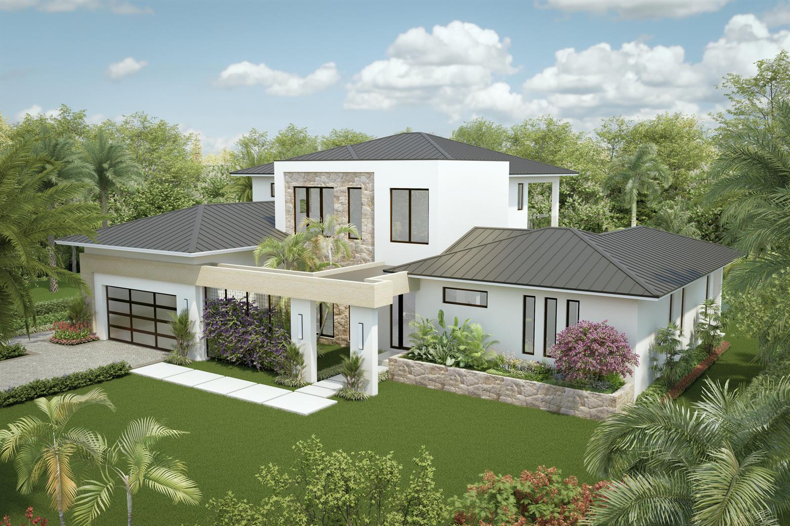 A digital rendering of a modern two-story house with a metal roof and stone accents — 1210 Aryana Way, Delray Beach FL 33445, DELRAY BEACH, FL