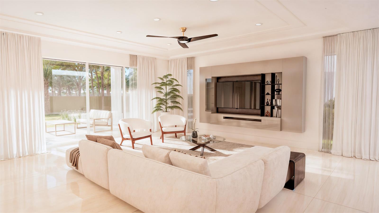 This rendering shows a modern living room with a large sectional, TV wall unit, and patio — 1210 Aryana Way, Delray Beach FL 33445, DELRAY BEACH, FL