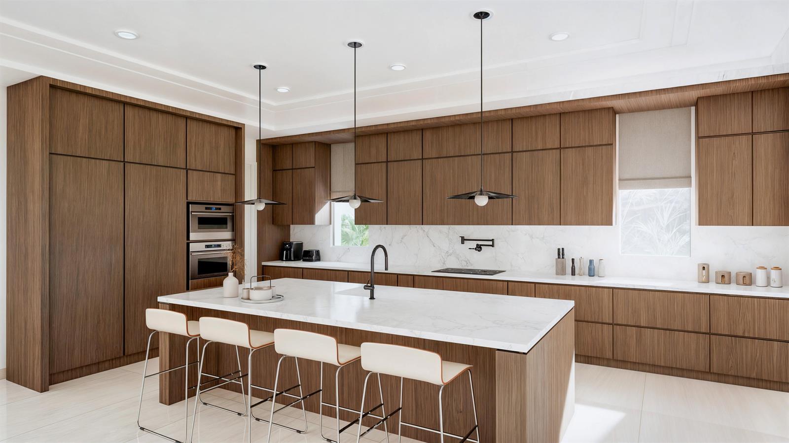 This kitchen rendering features wood cabinetry, a marble-topped island, and three pendant lights — 1210 Aryana Way, Delray Beach FL 33445, DELRAY BEACH, FL