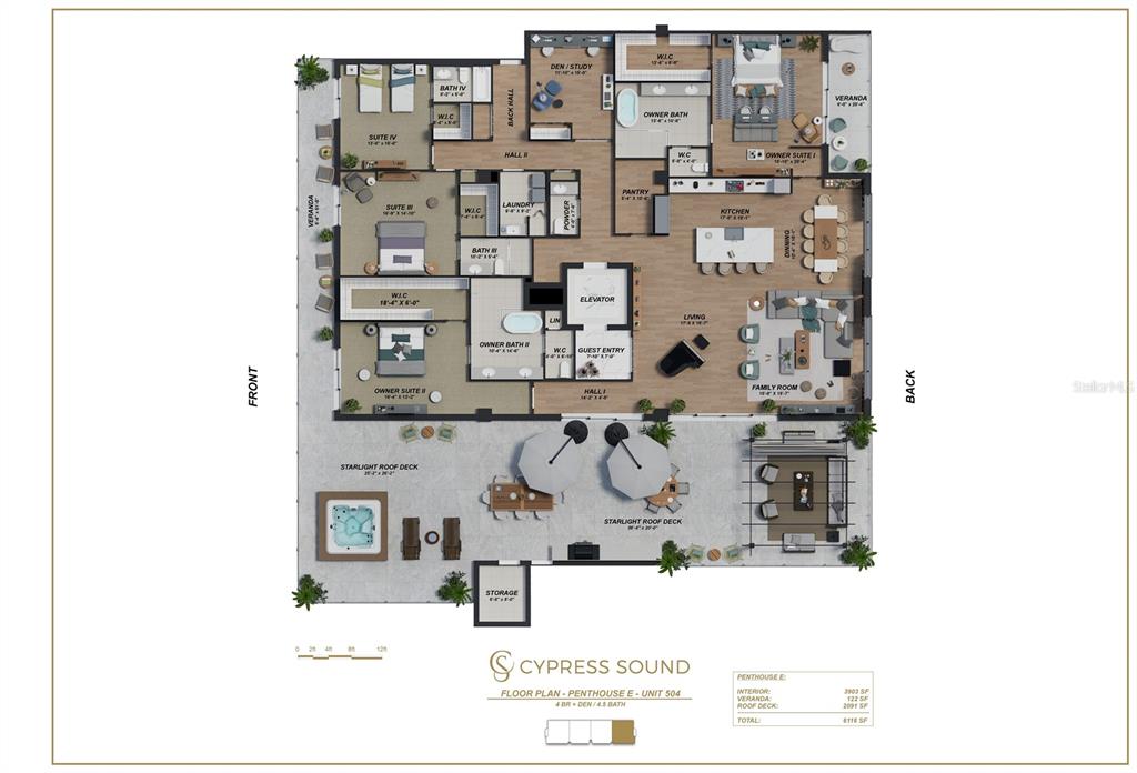 This is a floor plan rendering of a four-bedroom penthouse unit with a large roof deck — 10009 CRISBERT CT ROAD UNIT 504E, ORLANDO, FL