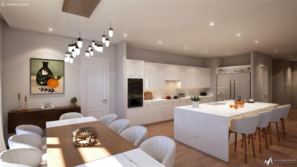 This is a rendering of a modern kitchen and dining area with white cabinetry — 10009 CRISBERT CT ROAD UNIT 504E, ORLANDO, FL