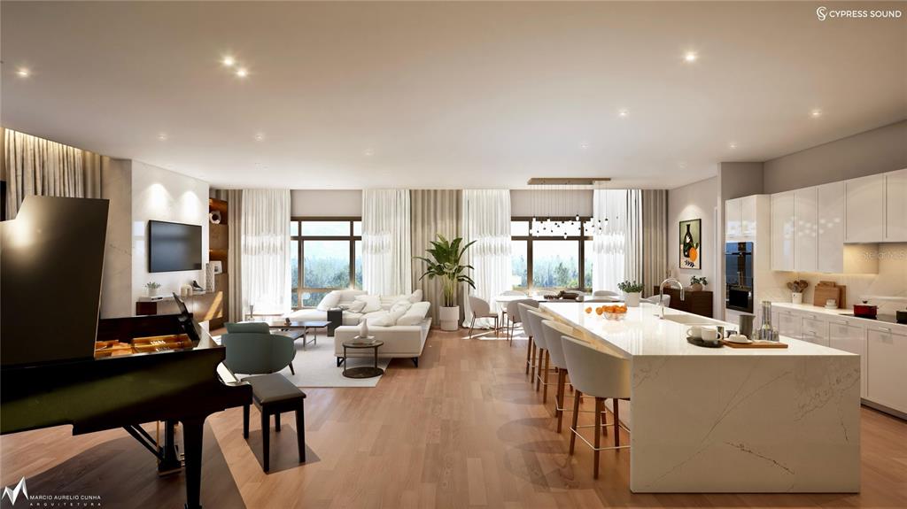 This rendering shows an open-concept living area with a grand piano, kitchen island, and seating — 10009 CRISBERT CT ROAD UNIT 504E, ORLANDO, FL