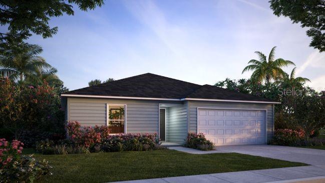 A digital rendering of a single-story house with light blue siding and a two-car garage — 426 OHIO LANE, POINCIANA, FL