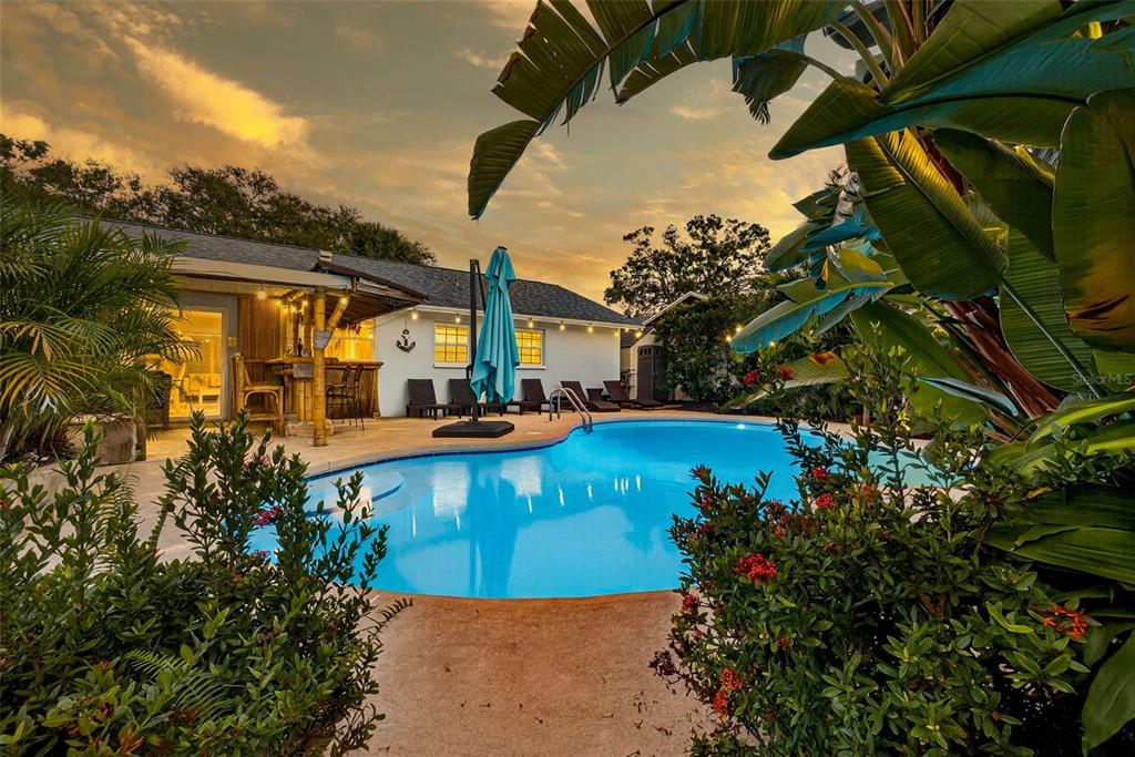 A backyard swimming pool with a tiki bar and lounge chairs at sunset — 10050 84TH WAY, LARGO, FL