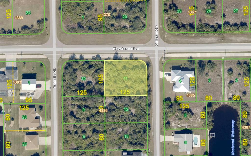 This is an aerial map showing residential lots and streets in a suburban neighborhood — 9477 GALAXIE CIRCLE, PORT CHARLOTTE, FL