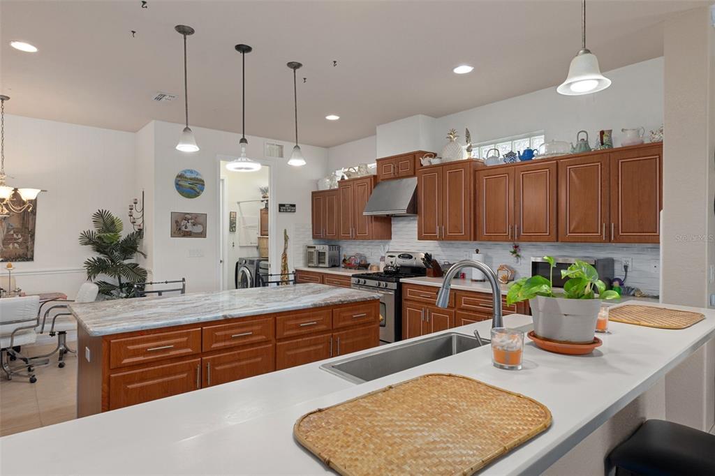 A kitchen features wood cabinets, a large marble-topped island, and a stainless steel sink — 5248 ESPLANDE COURT, BROOKSVILLE, FL