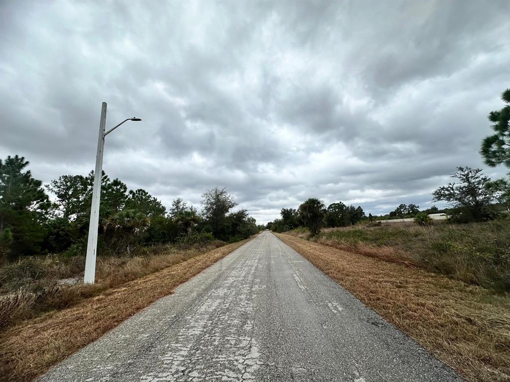 A paved road stretches into the distance under a cloudy sky with trees on both sides — 1610 SCOTT AVENUE, LEHIGH ACRES, FL