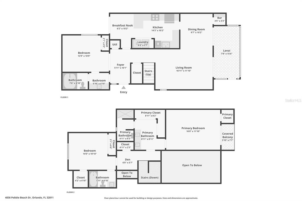 This is a two-story floor plan showing the layout of bedrooms, bathrooms, and living areas — 4836 PEBBLE BEACH DRIVE, ORLANDO, FL
