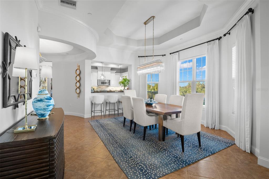 A dining room features a wooden table, upholstered chairs, a blue patterned rug, and chandelier — 6 ACADEMY WAY S UNIT 23A, ST PETERSBURG, FL