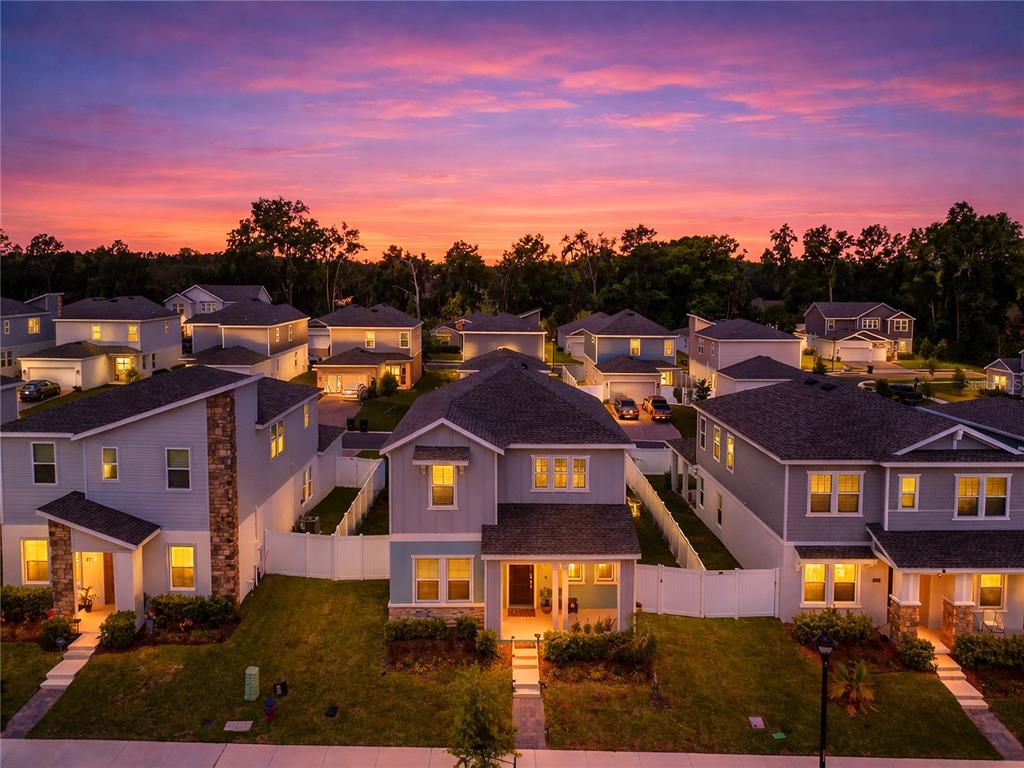 An aerial view of several suburban houses at sunset with manicured lawns and white fences — 2200 SWEET HONEY LANE, APOPKA, FL