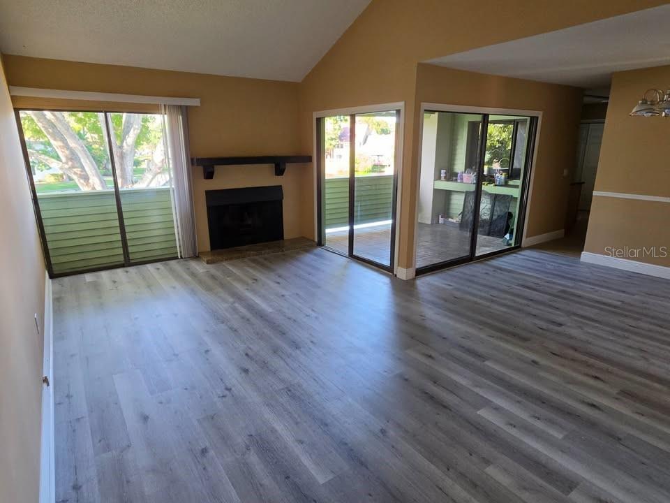 A living room features light wood-look flooring, a fireplace, and sliding glass doors to a patio — 4158 PINELAKE LANE UNIT 202, TAMPA, FL
