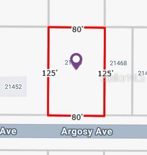 This map shows the rectangular property boundaries and dimensions of a vacant residential lot — 21460 ARGOSY AVENUE, PORT CHARLOTTE, FL