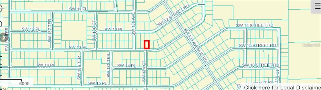 This is a map showing a highlighted rectangular property lot located along a residential street — 00 SW 13TH AVE, OCALA, FL