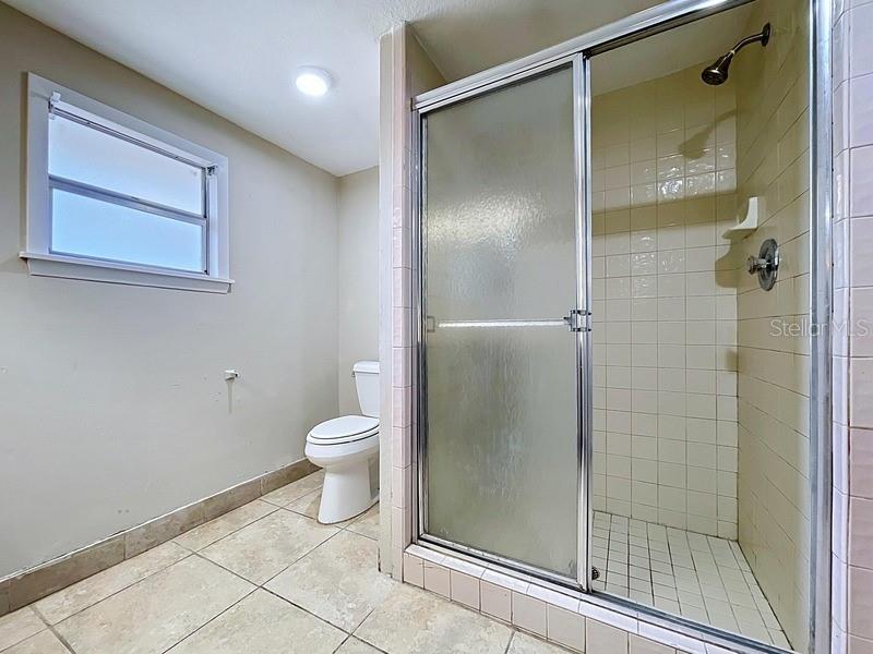A bathroom features a tiled walk-in shower with glass doors and a white toilet — 7018 54TH AVENUE N, ST PETERSBURG, FL