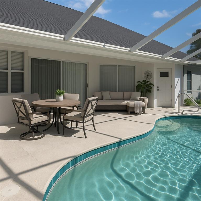 A covered patio features a dining set and sofa beside a curved swimming pool — 23381 PEACHLAND BOULEVARD, PORT CHARLOTTE, FL