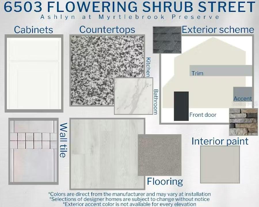This design board displays material and color selections for a home's interior and exterior finishes — 6503 FLOWERING SHRUB STREET, LAKELAND, FL