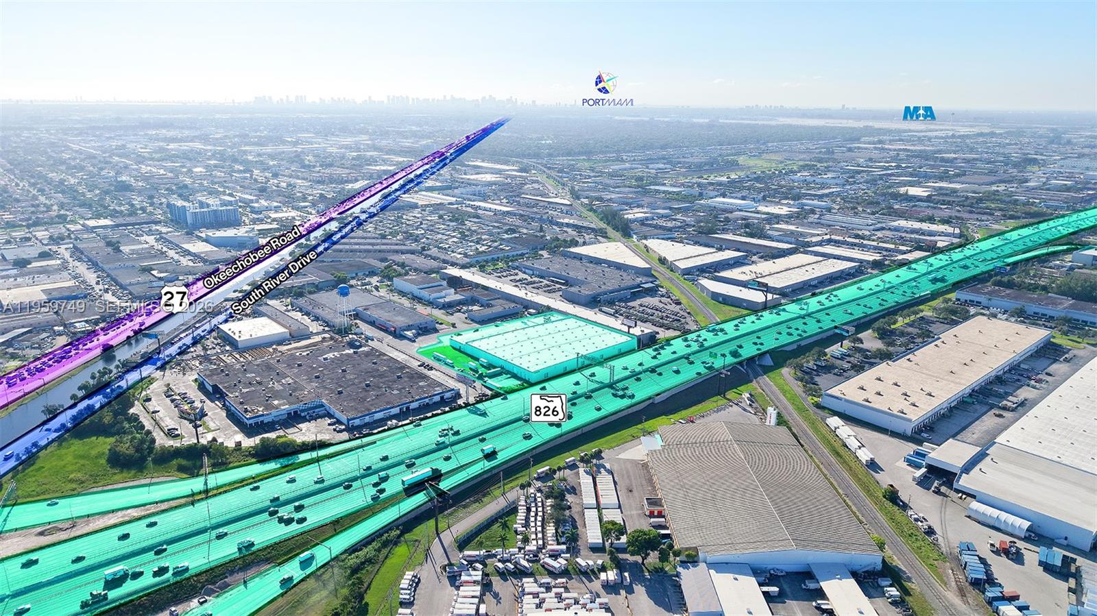 An aerial view shows a large industrial building highlighted in green next to a highway — 8150 NW 76th Ave, Medley FL 33166, MEDLEY, FL