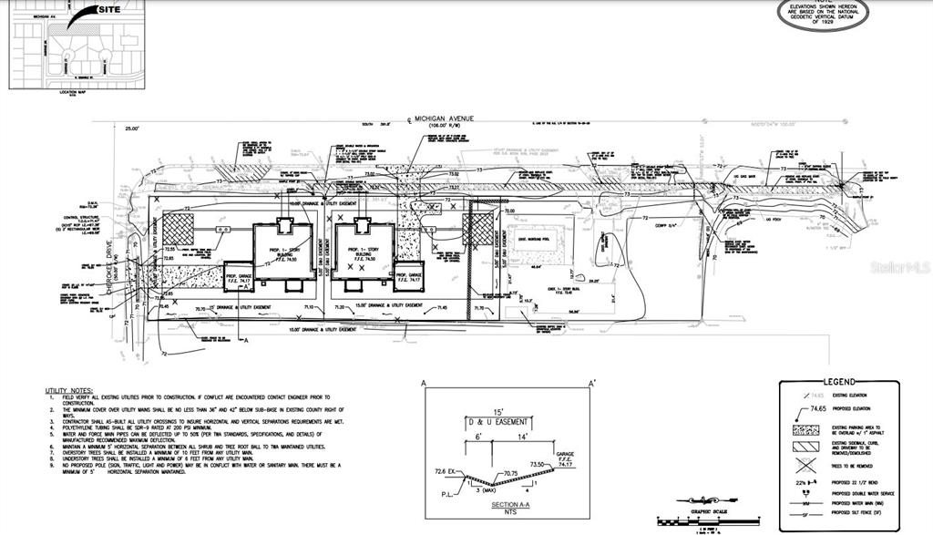 This is a site plan showing proposed building footprints, utility easements, and grading for a property — MICHIGAN AVENUE, KISSIMMEE, FL