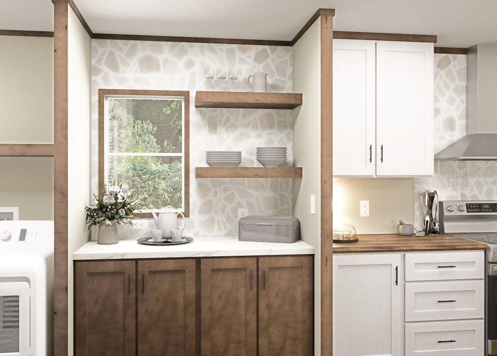 This is a virtual rendering of a kitchen featuring wood cabinets, white cabinets, and shelving — 106 SUNLAND DRIVE, SATSUMA, FL