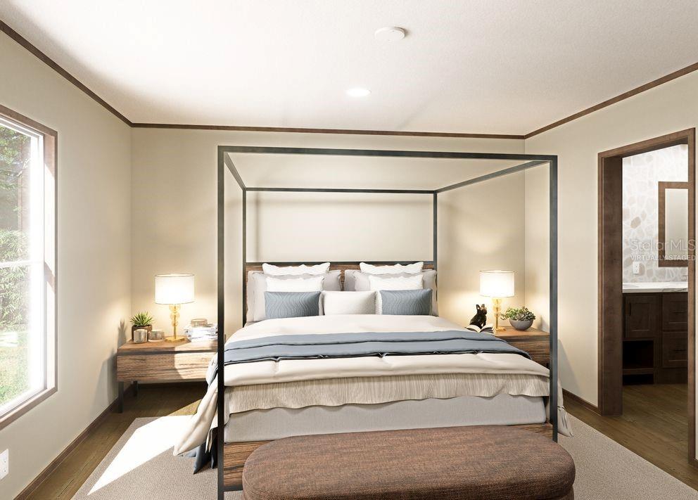 This virtually staged bedroom features a canopy bed, two nightstands, and an attached bathroom — 106 SUNLAND DRIVE, SATSUMA, FL