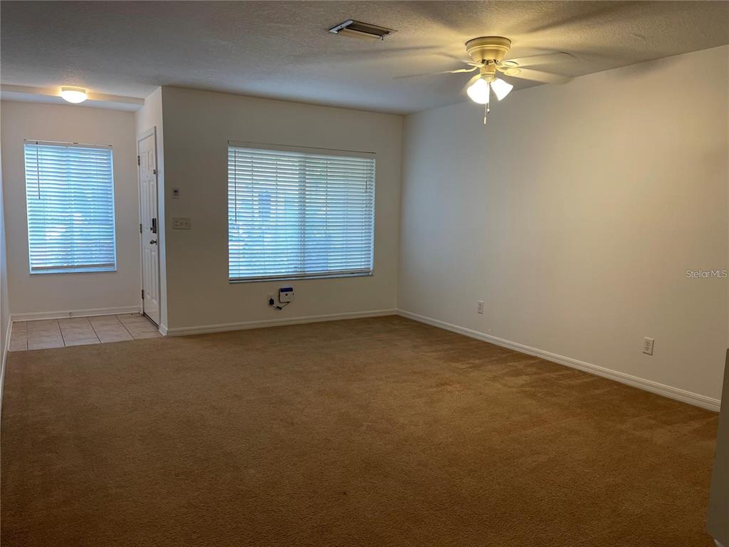 A living room features beige carpeting, white walls, a ceiling fan, and two windows with blinds — 10806 BRICKSIDE COURT, RIVERVIEW, FL
