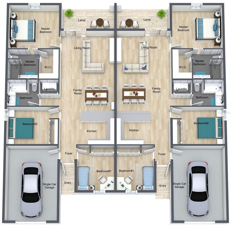 This floor plan rendering shows two identical side-by-side residential units with garages and lanais — 1315/1317 DIPLOMAT PARKWAY E, CAPE CORAL, FL