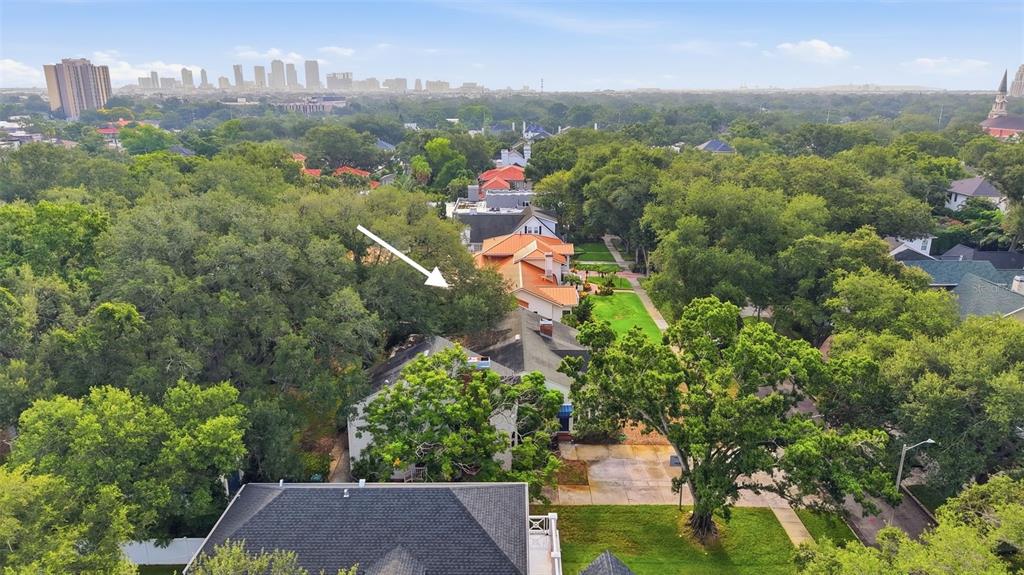 An aerial view shows a residential neighborhood with houses surrounded by many mature green trees — 3123 W OAKLYN AVENUE, TAMPA, FL