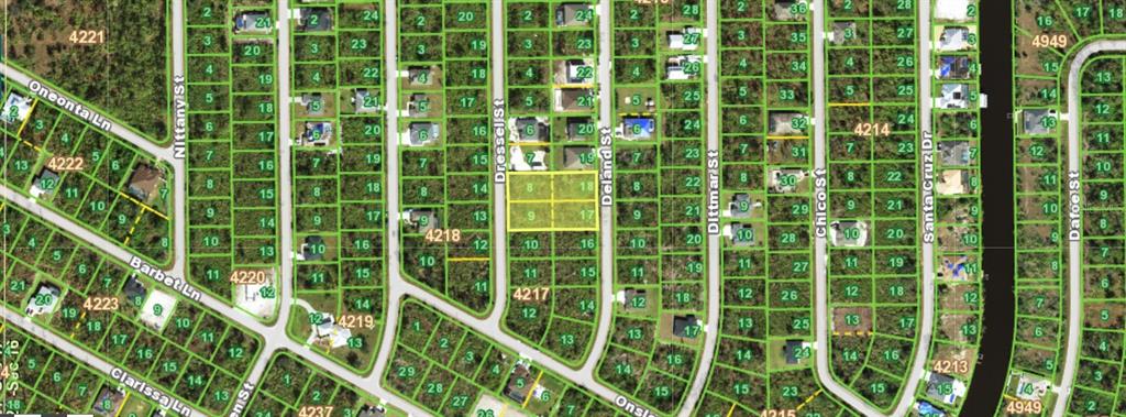 This is a satellite map showing residential lots and streets in a suburban neighborhood — 8207 DELAND STREET, PORT CHARLOTTE, FL