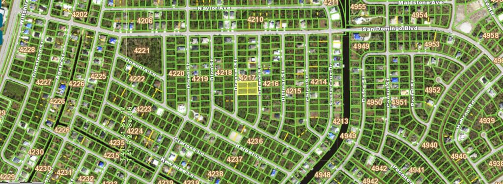 This is a satellite map view of a residential neighborhood with highlighted land parcels — 8207 DELAND STREET, PORT CHARLOTTE, FL