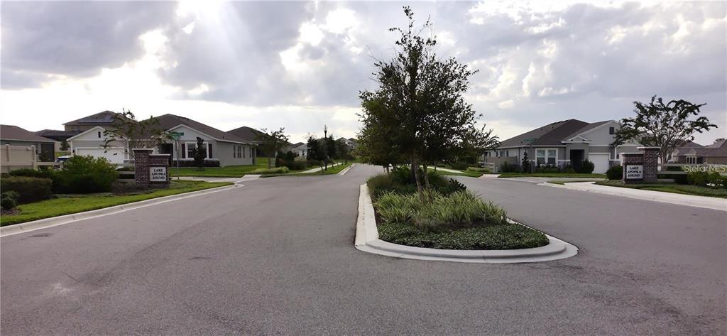 A residential street features a landscaped median, paved roads, and several suburban houses — 17862 HITHER HILLS CIRCLE, WINTER GARDEN, FL