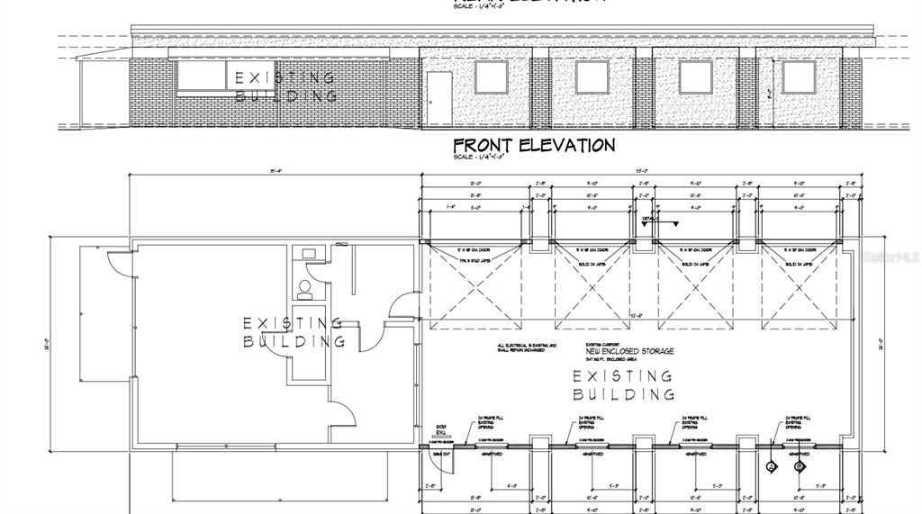 This architectural drawing shows the front elevation and floor plan for an existing building — 334 S INDIANA AVENUE, ENGLEWOOD, FL
