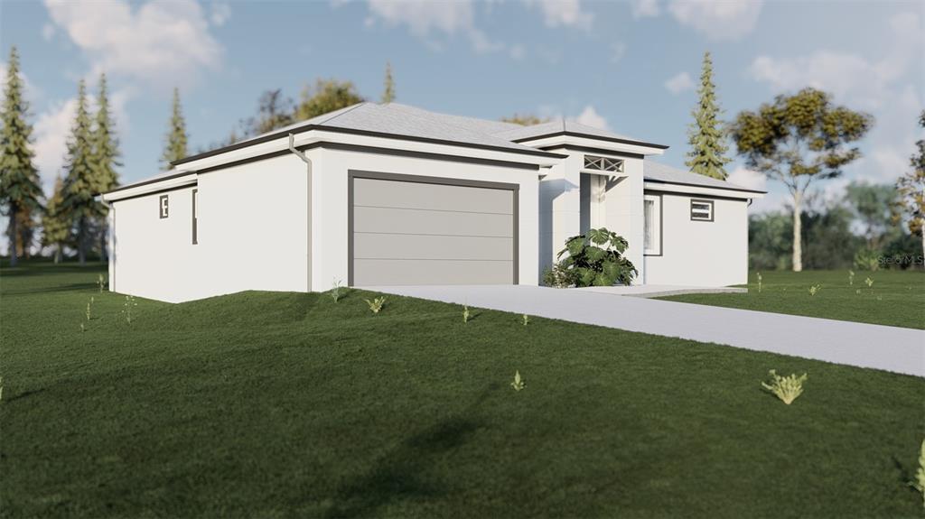 A digital rendering of a modern, single-story white house with a front-facing garage — 16444 CALDWELL LANE, SPRING HILL, FL