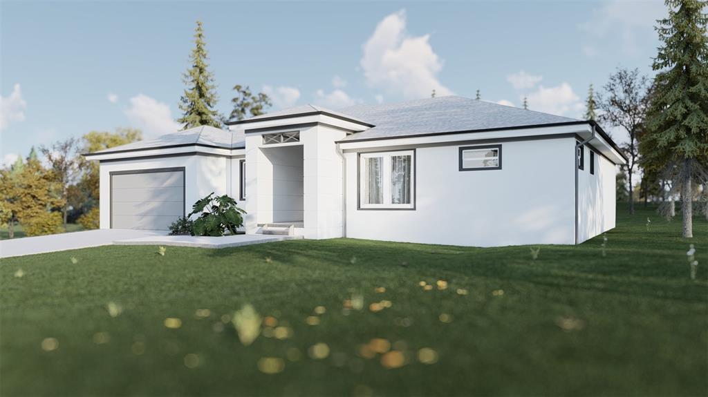 A digital rendering of a modern, single-story white house with a garage and front entrance — 16444 CALDWELL LANE, SPRING HILL, FL