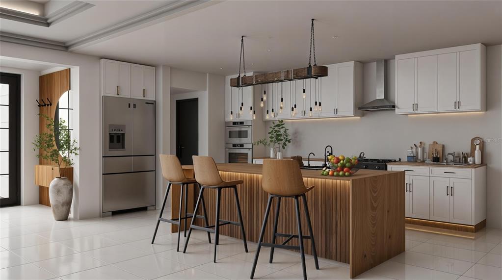 This rendering shows a modern kitchen with white cabinetry, a wood-paneled island, and pendant lighting — 16444 CALDWELL LANE, SPRING HILL, FL