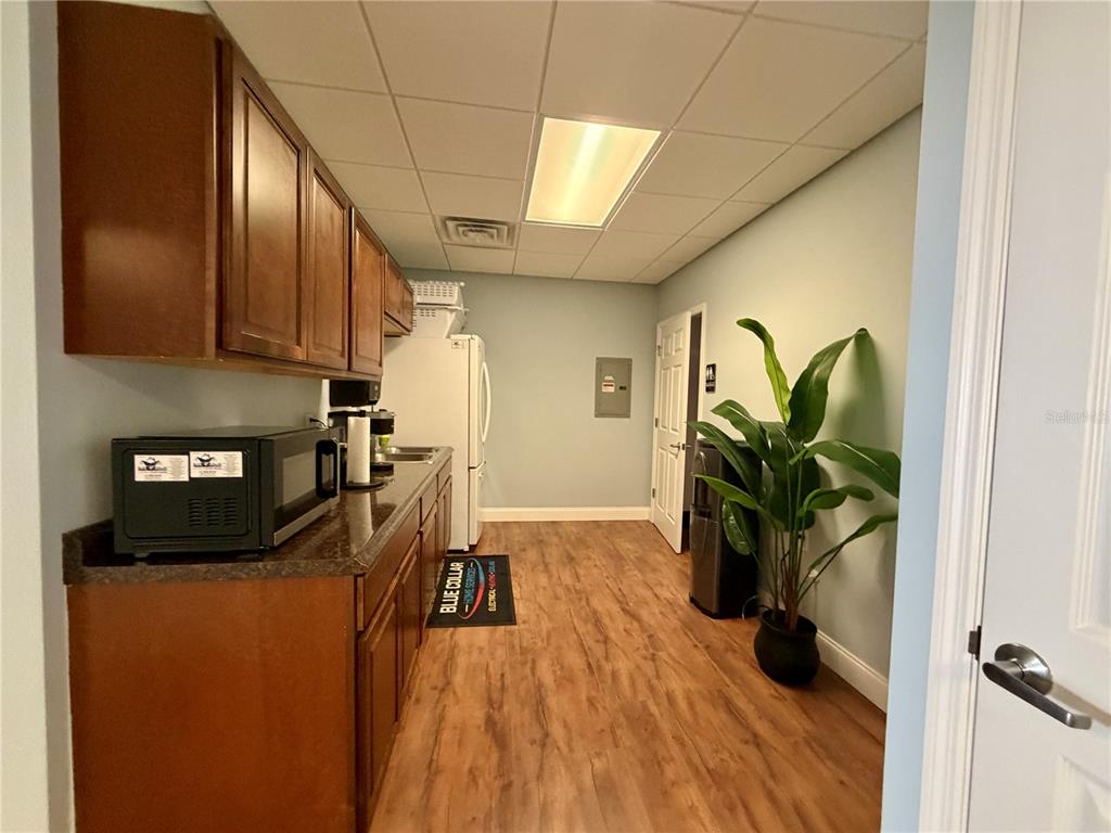 A small office kitchen features wood cabinets, a microwave, a refrigerator, and a potted plant — 2422 DESTINY WAY, ODESSA, FL