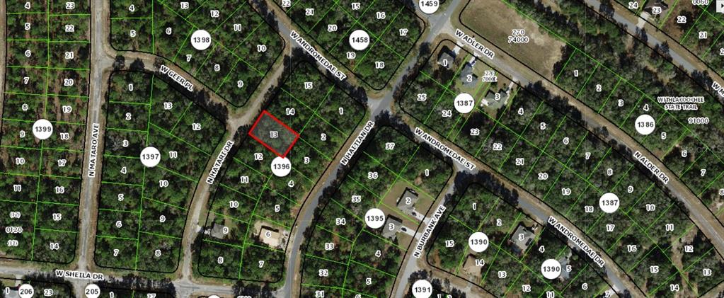 This is a satellite map showing a highlighted vacant lot in a residential neighborhood — 10865 N HATARI DRIVE, CITRUS SPRINGS, FL