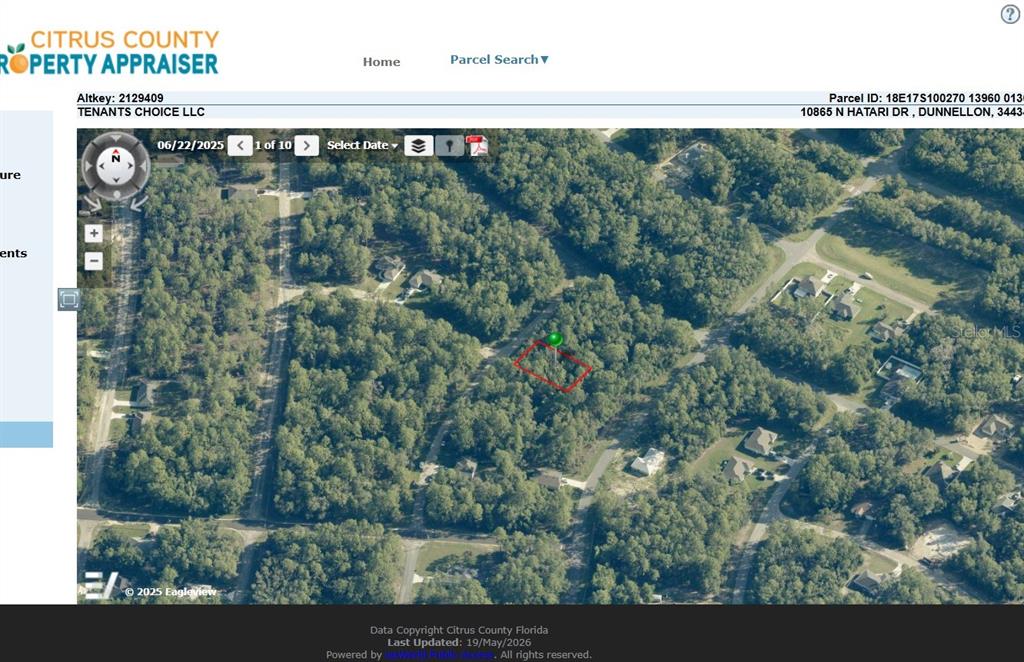 This aerial map shows a wooded residential lot outlined in red in Citrus County, Florida — 10865 N HATARI DRIVE, CITRUS SPRINGS, FL