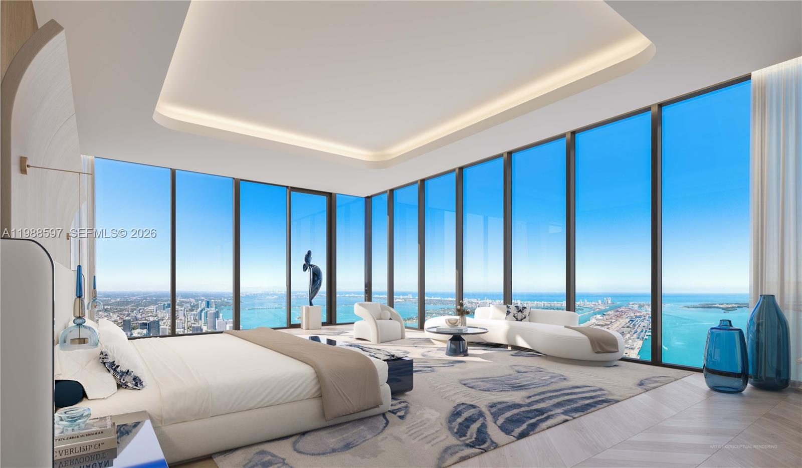 This is a rendering of a modern bedroom with floor-to-ceiling windows and panoramic ocean views — 300 Biscayne Blvd, Miami FL 33132, MIAMI, FL
