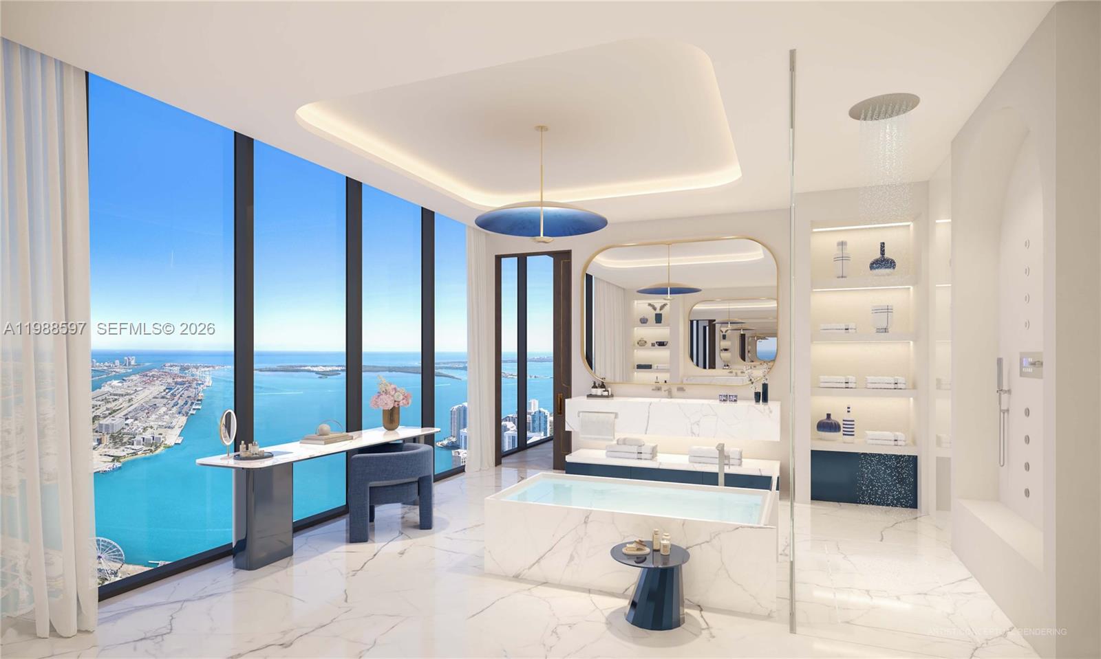 This architectural rendering shows a luxury bathroom with a marble tub, vanity, and ocean view — 300 Biscayne Blvd, Miami FL 33132, MIAMI, FL