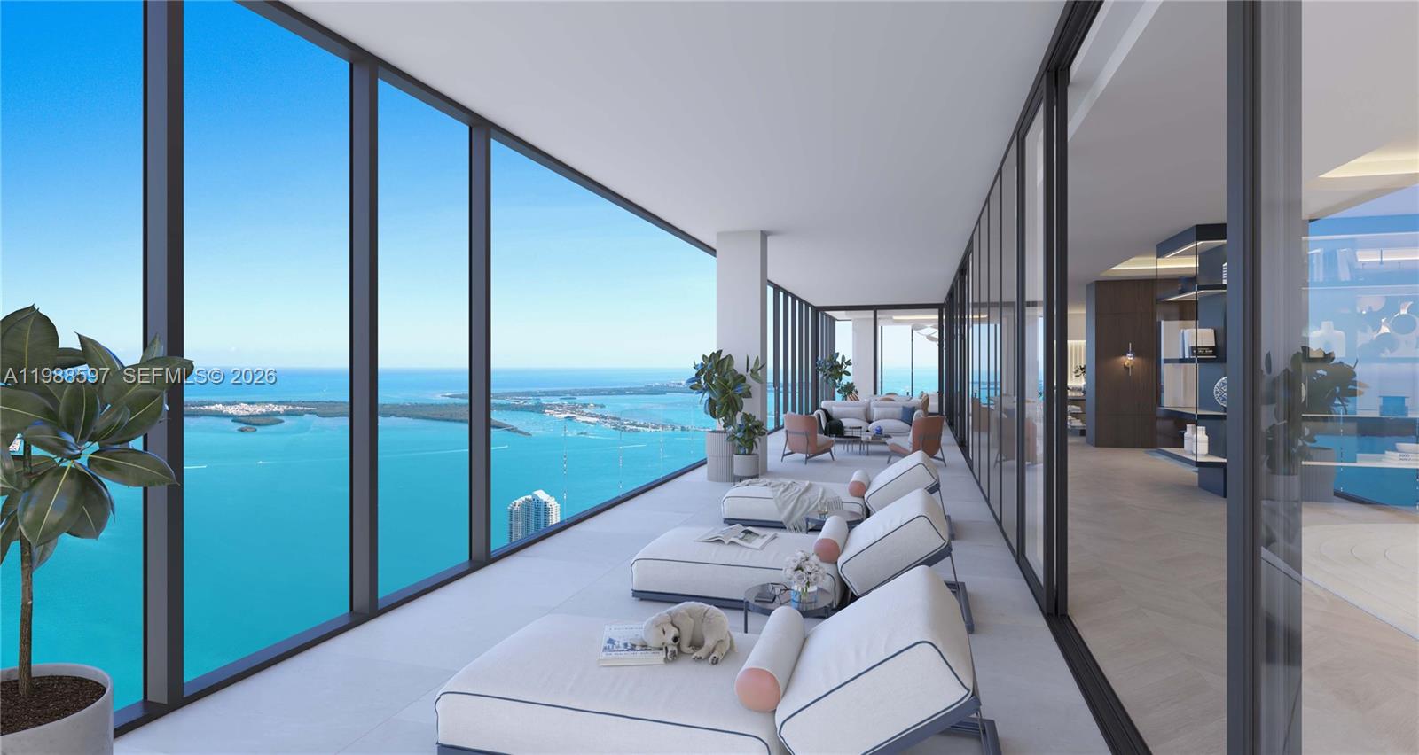 This rendering shows a modern balcony with lounge chairs overlooking a coastal bay view — 300 Biscayne Blvd, Miami FL 33132, MIAMI, FL