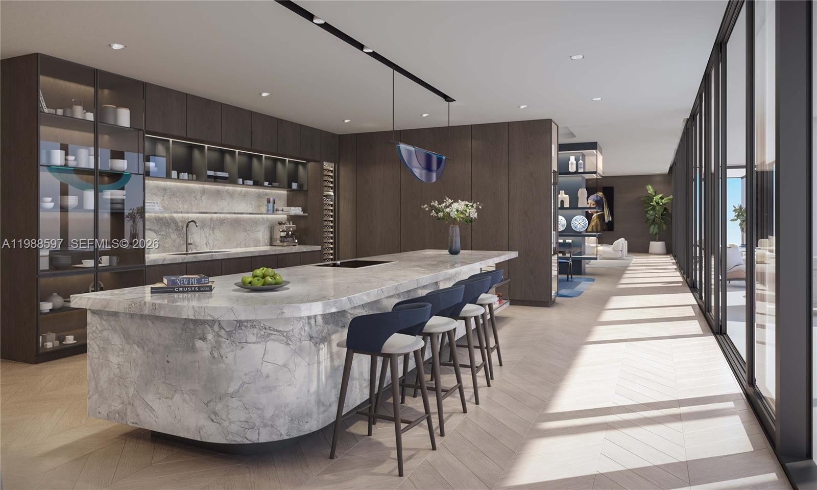 This rendering shows a modern kitchen with a marble island, dark cabinetry, and bar seating — 300 Biscayne Blvd, Miami FL 33132, MIAMI, FL