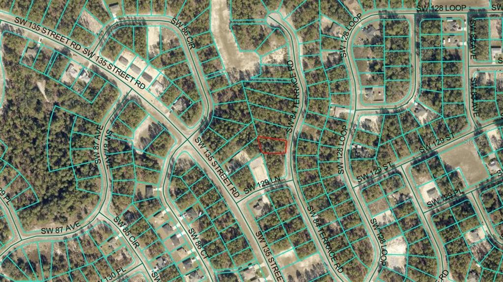 This is an aerial map showing a vacant residential lot outlined in red — TBD SW 84TH TERRACE ROAD, OCALA, FL