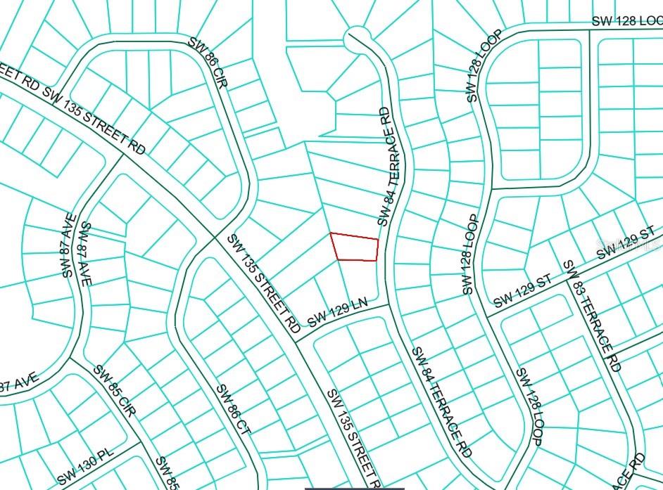 This image is a map showing a highlighted parcel of land within a residential neighborhood — TBD SW 84TH TERRACE ROAD, OCALA, FL