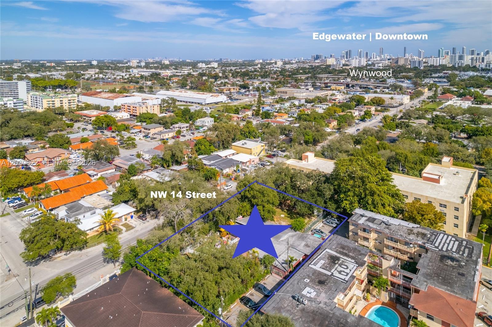 An aerial view shows a vacant lot marked with a blue star in Miami — 2470 NW 14th St, Miami FL 33125, MIAMI, FL