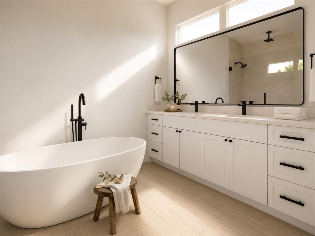 This is a rendering of a modern bathroom featuring a freestanding tub and double vanity — 13855 SW 33RD COURT ROAD, OCALA, FL